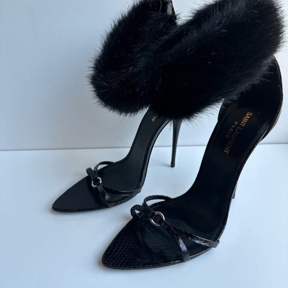 NEW!!!! SAINT LAURENT Gippy 110mm fur-trim sandals - Picture 6 of 12
